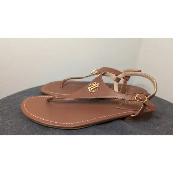 Lauren Ralph Lauren Ellington Sandals 7B Brown Leather RL Logo Thong T Strap - Picture 4 of 6
